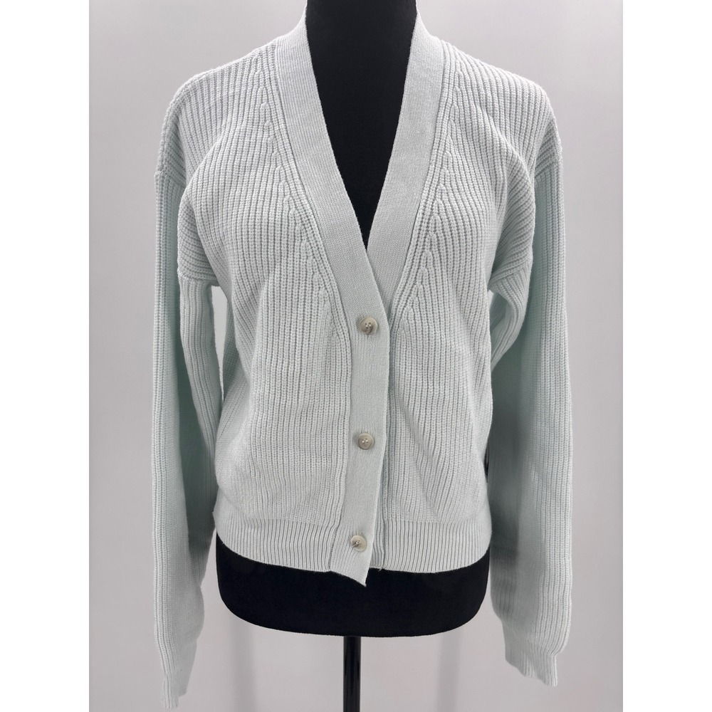 Lulus Womens Light Blue Ribbed V-Neck Button Front Cardigan Sweater Size M‎ FLAW